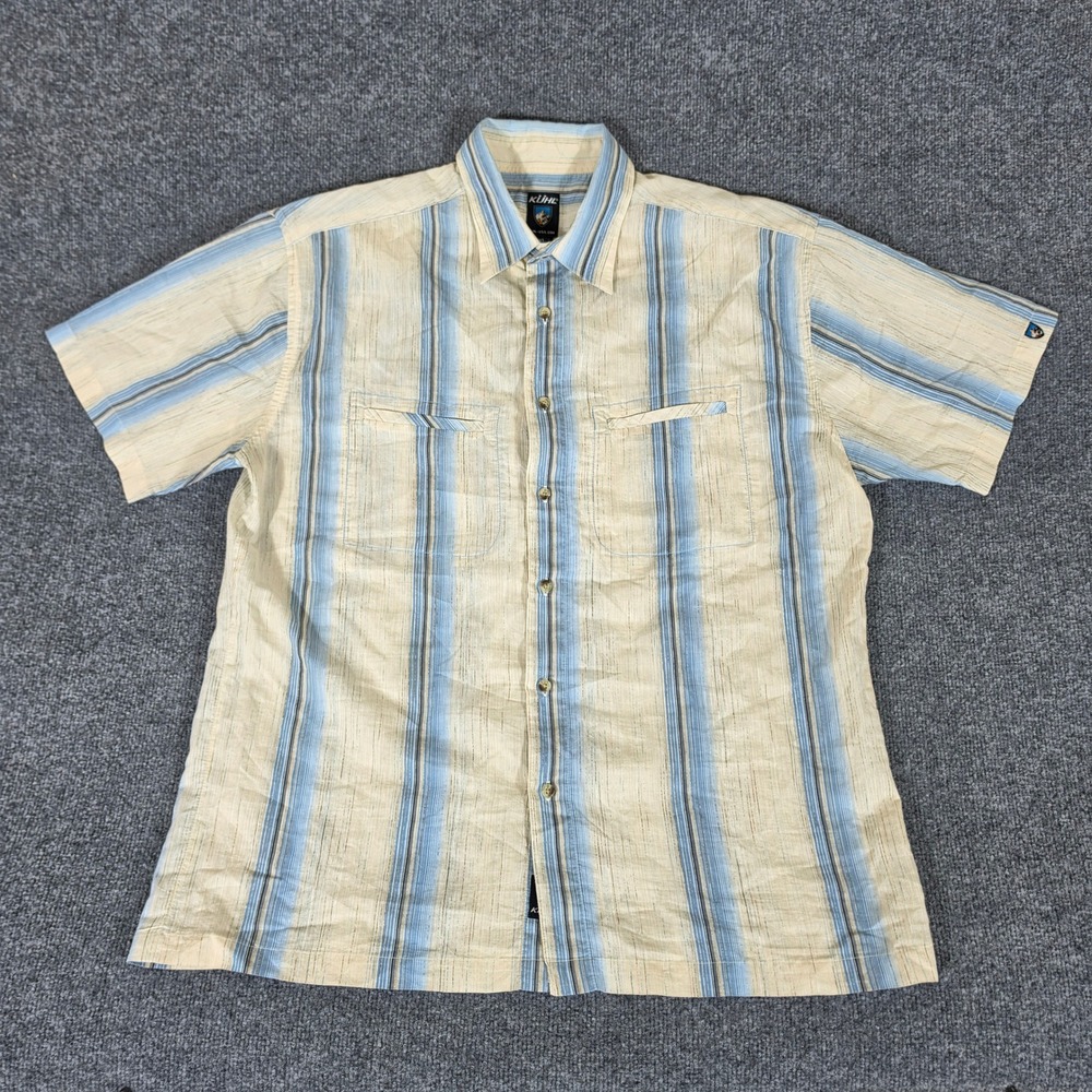 KUHL Mens 2XL Short Sleeve Button Front Striped Cotton Slub Shirt Cream Blue